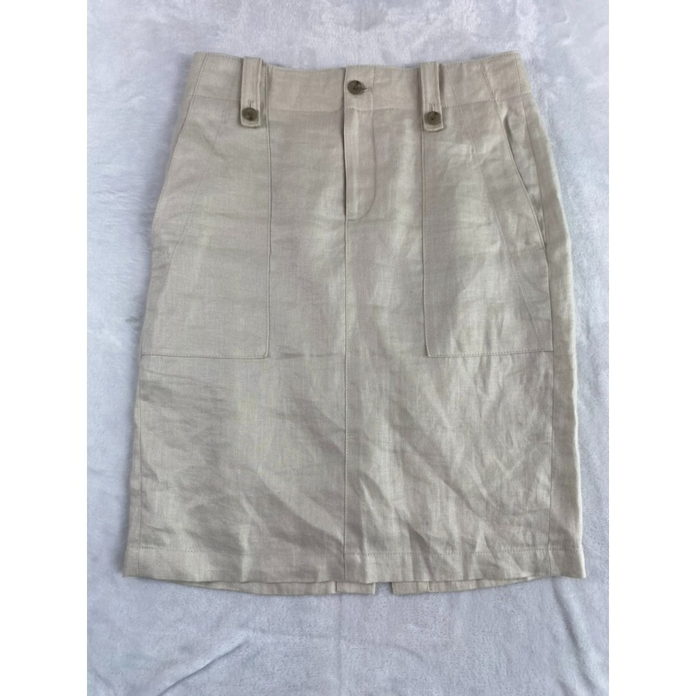J.Crew 100% Linen Skirt Women Sz 0 Beige Knee Length Pencil Coastal Preppy